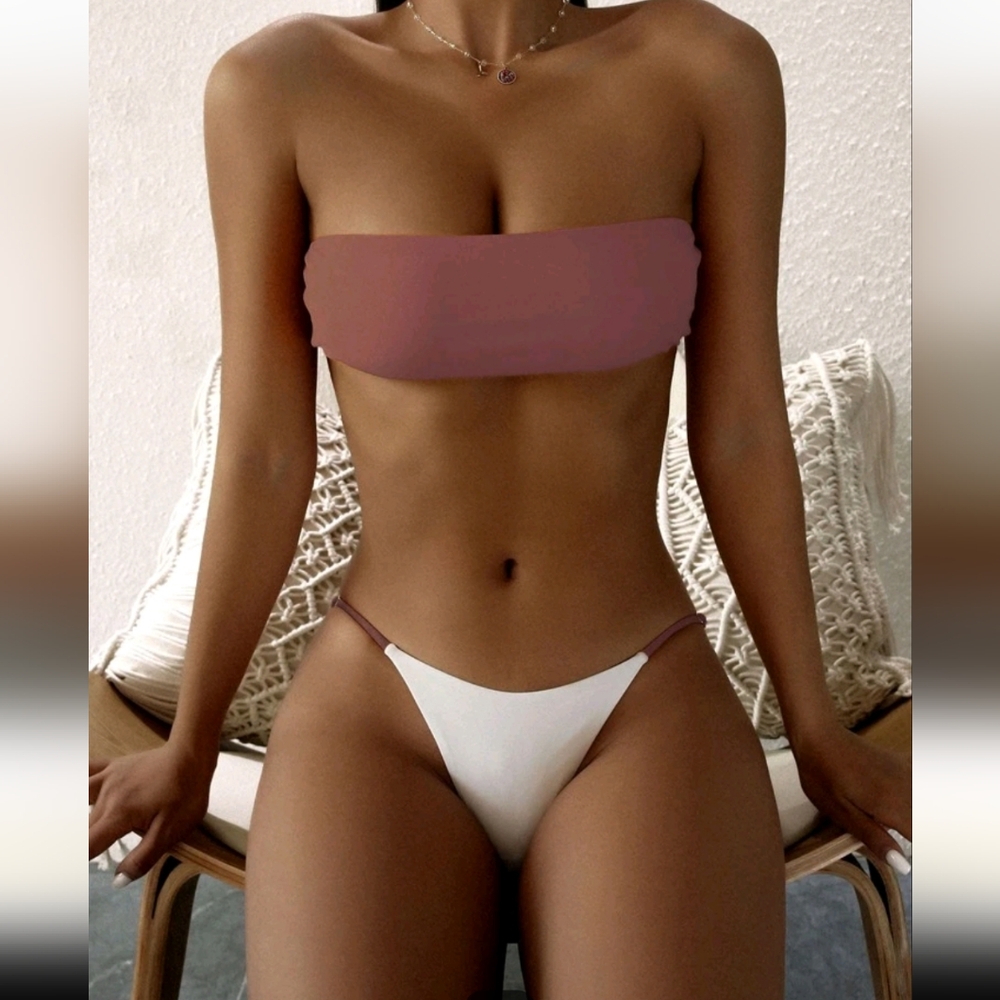 Women's Two-Piece Bandeau Bikini Set - Pink and White